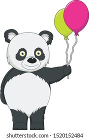 Smiling baby panda standing and holding two balloons