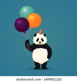 Smiling baby panda standing on hind legs holding three balloons. Black and white chinese bear cub. Rare, vulnerable species. Greeting card, poster design template.