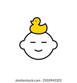 Smiling baby with rubber duck on their head. Infant bath time. Pixel perfect vector icon