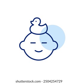 Smiling baby with rubber duck on their head. Infant bath time. Pixel perfect, editable stroke icon