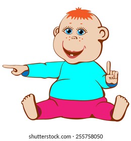 Smiling baby showing fingers sideways and upwards.