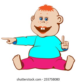 Smiling baby showing fingers sideways and upwards.