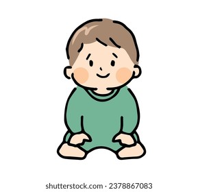 Smiling baby sitting wearing baby clothes.