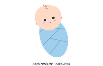 Lächelnde Baby-Swaddle-Clip-Art. Einfach süßes Lächeln Baby-Sumpf in blauer, hüpfender, flacher Vektorgrafik. Fröhlicher Baby-Swaddling Cartoon-Stil. Kinder, Babydusche, Dekorationskonzept für Neugeborene und Kleinkinder