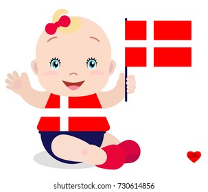 Smiling baby toddler, girl holding a Denmark flag isolated on white background. Vector cartoon mascot. Holiday illustration to the Day of the country, Independence Day, Flag Day.