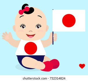 Smiling baby toddler, girl holding a Japan flag isolated on white background. Vector cartoon mascot. Holiday illustration to the Day of the country, Independence Day, Flag Day.
