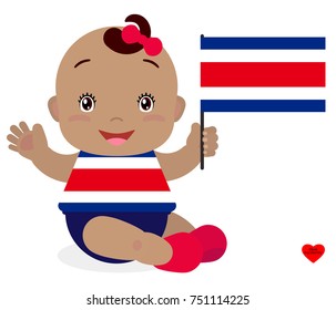 Smiling baby toddler, girl holding a Costa Rica flag isolated on white background. Vector cartoon mascot. Holiday illustration to the Day of the country, Independence Day, Flag Day.
