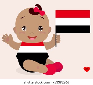 Smiling baby toddler, girl holding a Yemen flag isolated on white background. Vector cartoon mascot. Holiday illustration to the Day of the country, Independence Day, Flag Day.