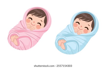 Smiling baby is wrapped in blanket. Swaddled baby vector. Baby clipart.  Baby shower element. Flat vector in cartoon style isolated on white background.