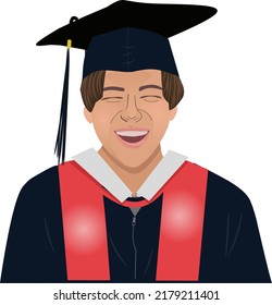 Ein lächelnder Junggeselle, der eine Bachelor-Kappe trägt und als Graduiertenrolle herumläuft. Ein Nahaufnahme-Porträt. Cartoon, Vektorgrafik.