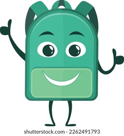 Smiling backpack character. Cartoon happy green bag