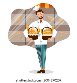 Smiling Baker with bread baskets and bakery shop vector illustration. small business concept