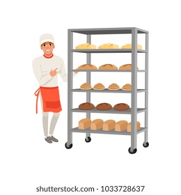 Smiling baker character standing near bread rack with freshly baked bread vector Illustration on a white background
