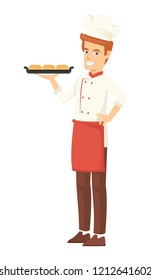 Smiling baker holding the bread on plate at the bakery