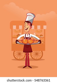 Smiling baker holding several hot breads. Cart on background vector illustration.