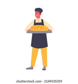 Smiling baker presenting a fresh loaf of bread, flat vector illustration isolated on white background. Professional bread baker male cartoon character.
