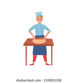 Smiling baker rolling dough on wooden kitchen table. Man in working uniform and apron. Flat vector design