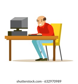Smiling bald man working on a computer at his office desk, colorful character vector Illustration