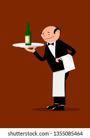 smiling bald waiter in a suit, with a bow tie and apron, with a towel thrown over his hand, with a bottle of drink on a tray on a brown background. vector