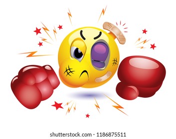 Smiling ball boxer fighting in gloves. Angry emoticon prepared to fight.