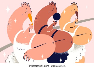 Smiling ballerinas in tutus dancing in studio. Happy ballet dancers practicing together in dresses. Hobby concept. Vector illustration. 