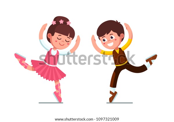Smiling\
ballet dancer kids pair boy and ballerina girl dancing and wearing\
beautiful costumes. Ballet dancers kids performance. Children\
cartoon characters. Flat vector\
illustration
