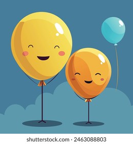 Smiling balloons cheerfully fly into the sky against the background of clouds, creating a festive and joyful mood for everyone who sees them.