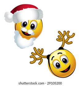 Smiling balls dressed as Santa Claus and reindeer