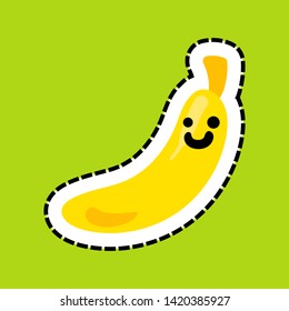 Smiling banana cartoon kawaii character. Banana fruit vector isolated illustration, green background