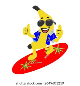 Smiling banana character in sunglasses and Hawaiian shirt surfing on a surfboard, giving thumbs up. Summer vacation and travel concept.