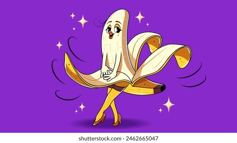 Smiling Banana girl with funny face emotions and poses for vintage design. Retro cartoon mascot illustration character vector clip art hand drawn	