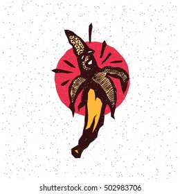 Smiling banana. Vector illustration on grunge texture background.