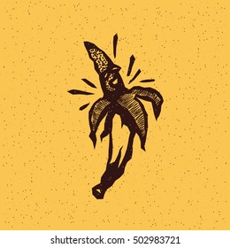 Smiling banana. Vector illustration on grunge texture background.