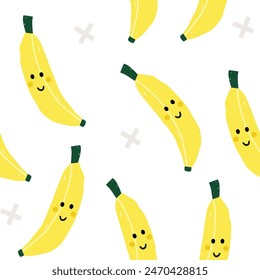 Smiling bananas flat hand drawn seamless pattern. Healthy nutrition cartoon texture. Organic food illustrations. Kids nutrition sketch color clipart. Kitchen textile, background vector fill.