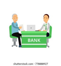 Smiling Bank Employee Advises Client. Old Man And Young Guy Sitting Behind Desk. Banking And Finance. Cartoon People Characters. Flat Vector Design