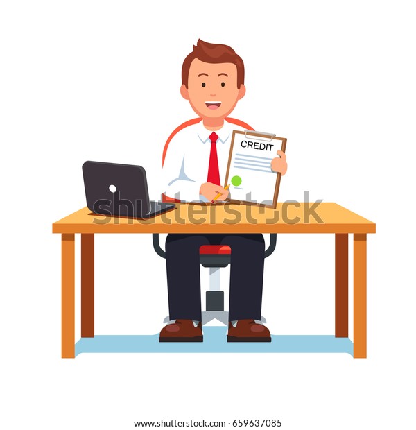 笑顔の銀行員が ノートパソコンを使って机の上に座って 銀行 のクレジット ローン契約 または住宅ローン契約を示す 実業家貸し手 白い背景に平らなスタイルのベクターイラスト のベクター画像素材 ロイヤリティフリー