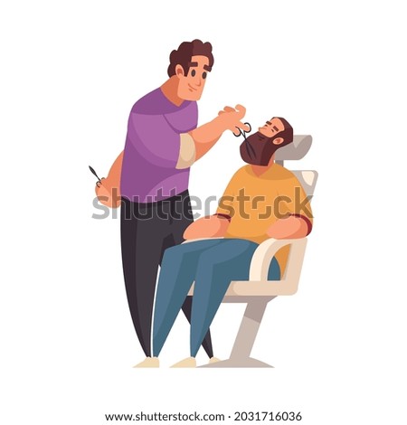 Smiling barber cutting man beard flat vector illustration