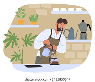 Smiling Barista Character In A Coffee Shop Preparing Pour Over Coffee, Surrounded By Coffee Equipment, Plants, And Cups. Vector Image Exudes A Cozy And Inviting Cafe Atmosphere. Cartoon Illustration