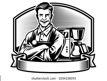 smiling barista with the espresson machine background