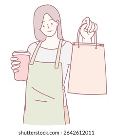 A smiling barista holds a coffee cup and stylish bag, highlighting excellent service and modern lifestyle