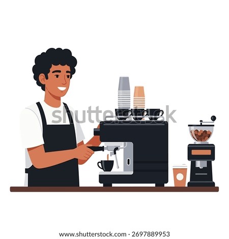 A smiling barista prepares coffee using an espresso machine. Cups and a grinder are nearby.