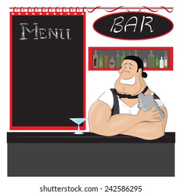 Smiling barman preparing cocktails . Job character vector illustration.