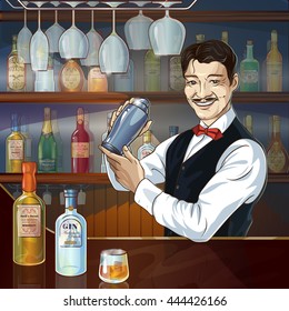 Smiling barman at work with shaker behind counter showcase of alcoholic bottles in background vector illustration