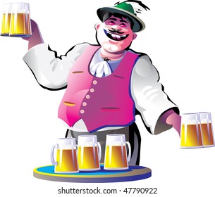 smiling bartender with beer glasses