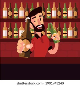 smiling bartender holding beer bottles in the counter bar vector illustration