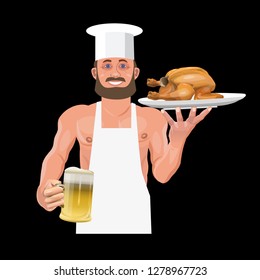 Smiling bartender holding beer and fried chicken. Vector illustration isolated on black background