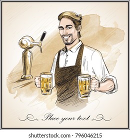 Smiling bartender holding beer.  Hand drawn vector illustration on artistic watercolor background.