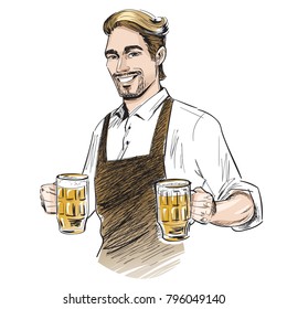 Smiling bartender holding beer.  Hand drawn vector illustration isolated on white.