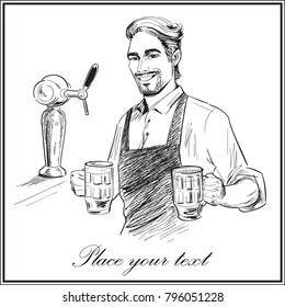 Smiling bartender holding beer.  Hand drawn vector illustration isolated on white background.