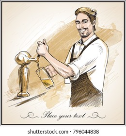 Smiling bartender pouring beer.  Hand drawn vector illustration on artistic watercolor background.